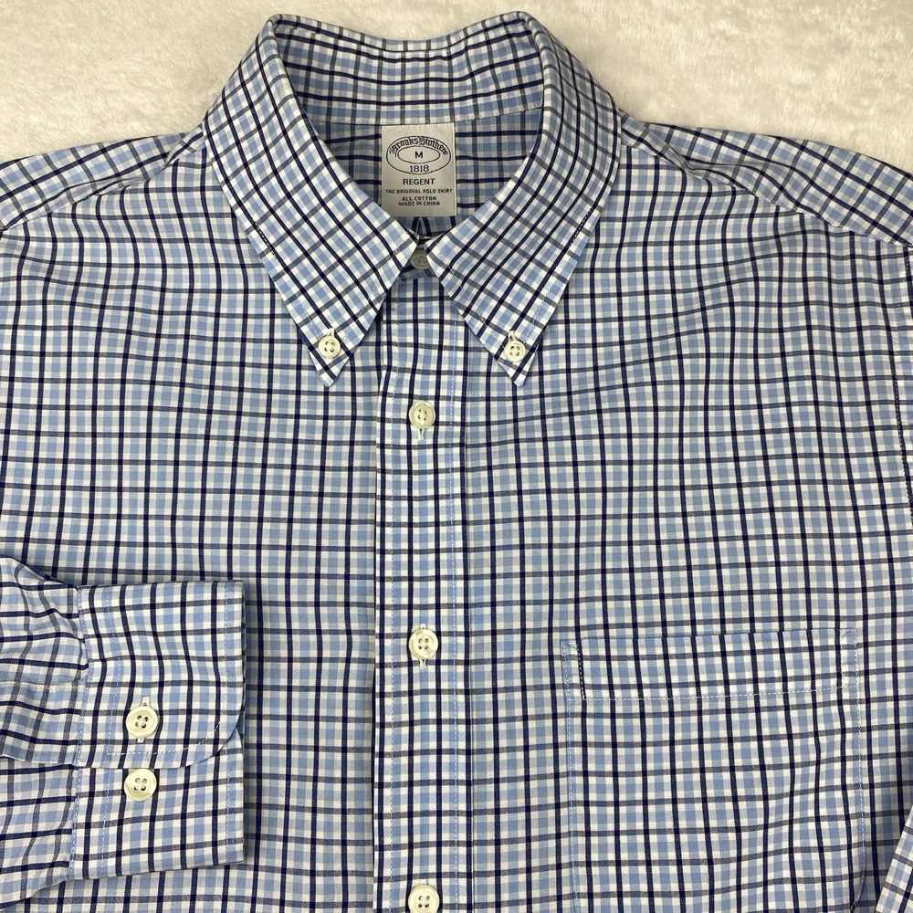 Brooks‎ Brothers Mens Shirt Medium Blue Checks Regent Long Sleeves